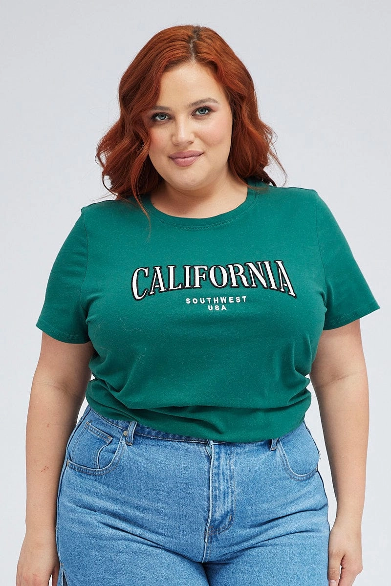 Green Graphic T-shirt Short Sleeve Crew Neck Beach Wear Breathable fabric