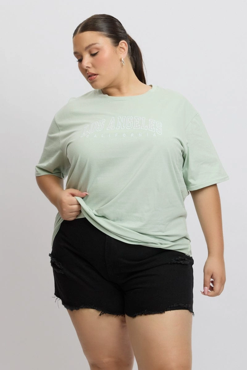 Green Graphic T Shirt Short Sleeve Crew Neck Seam Free Back