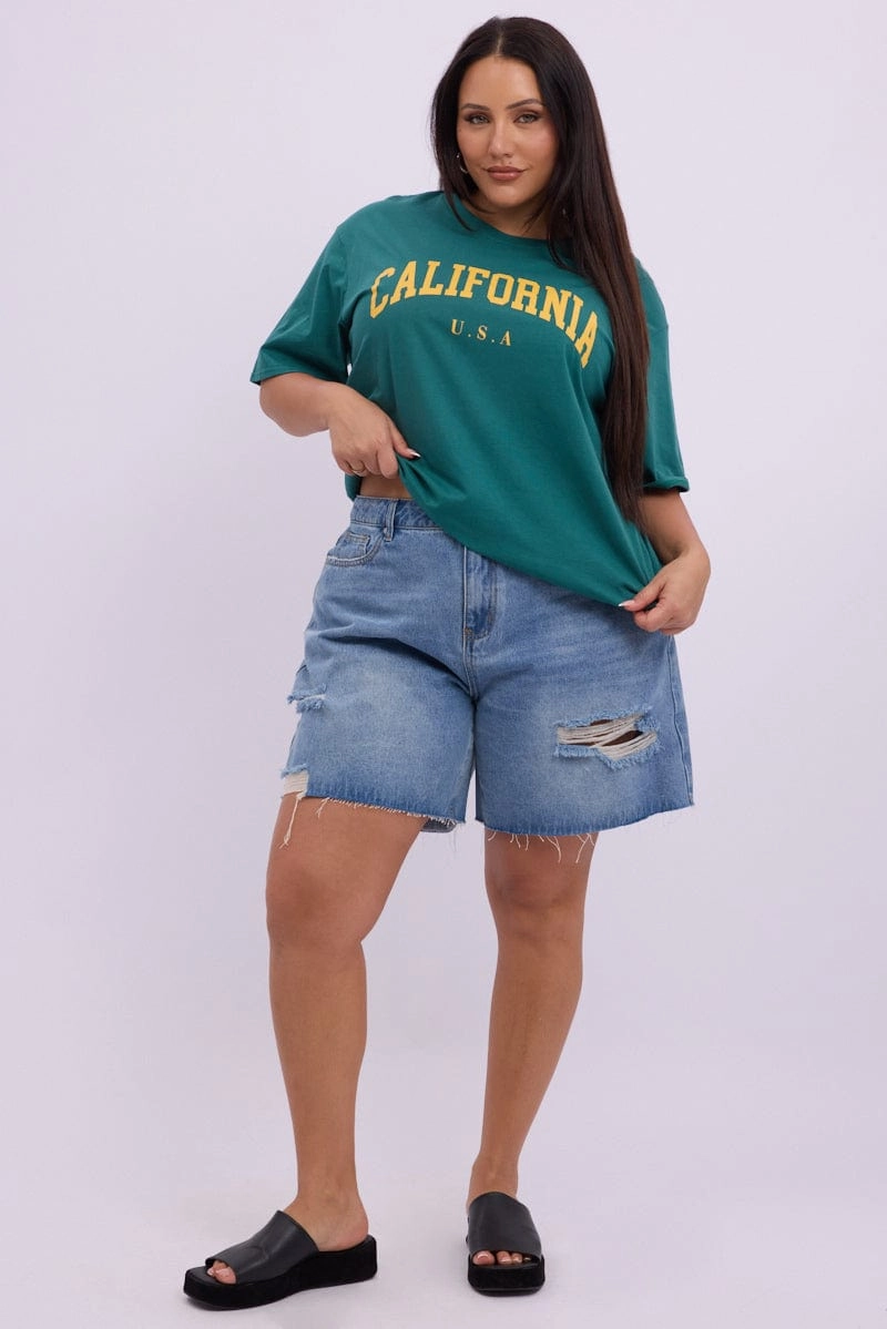 Light Stretch Green Graphic T shirt Short Sleeve Crew Neck