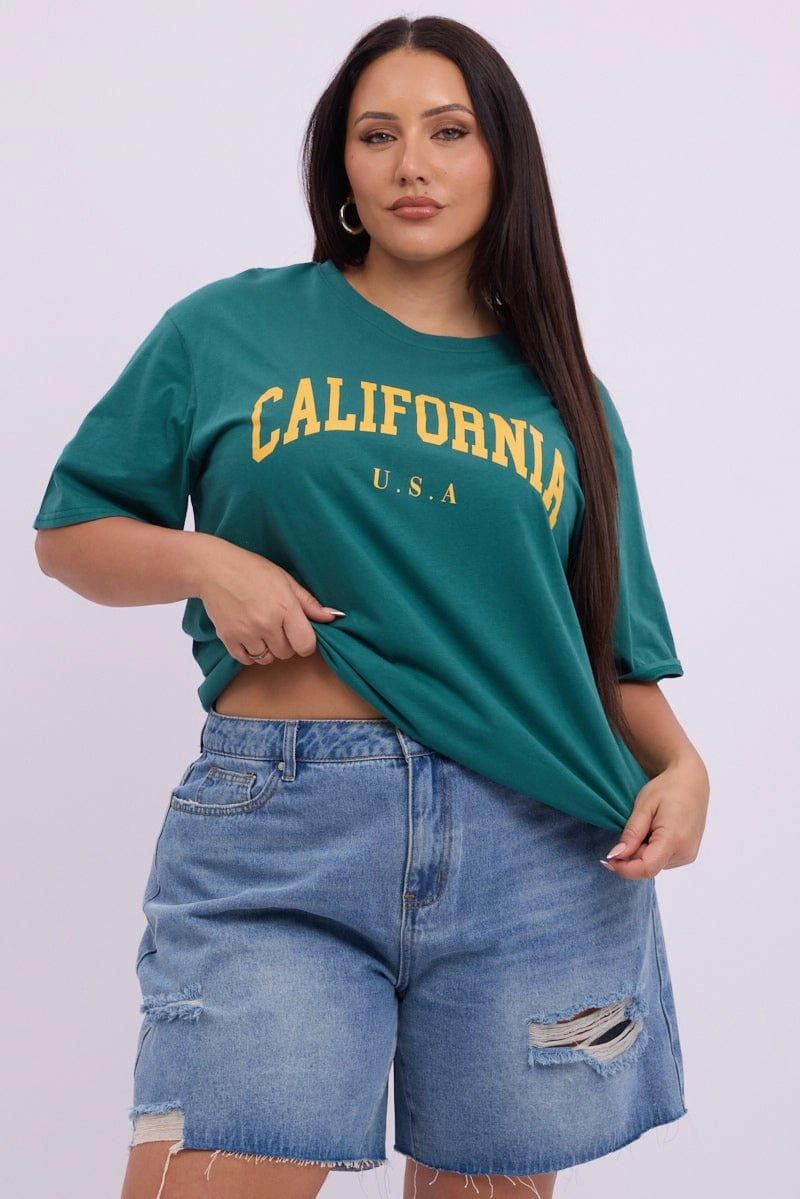 Breathable Layer Fit Low Impact Dye Green Graphic T shirt Short Sleeve Crew Neck