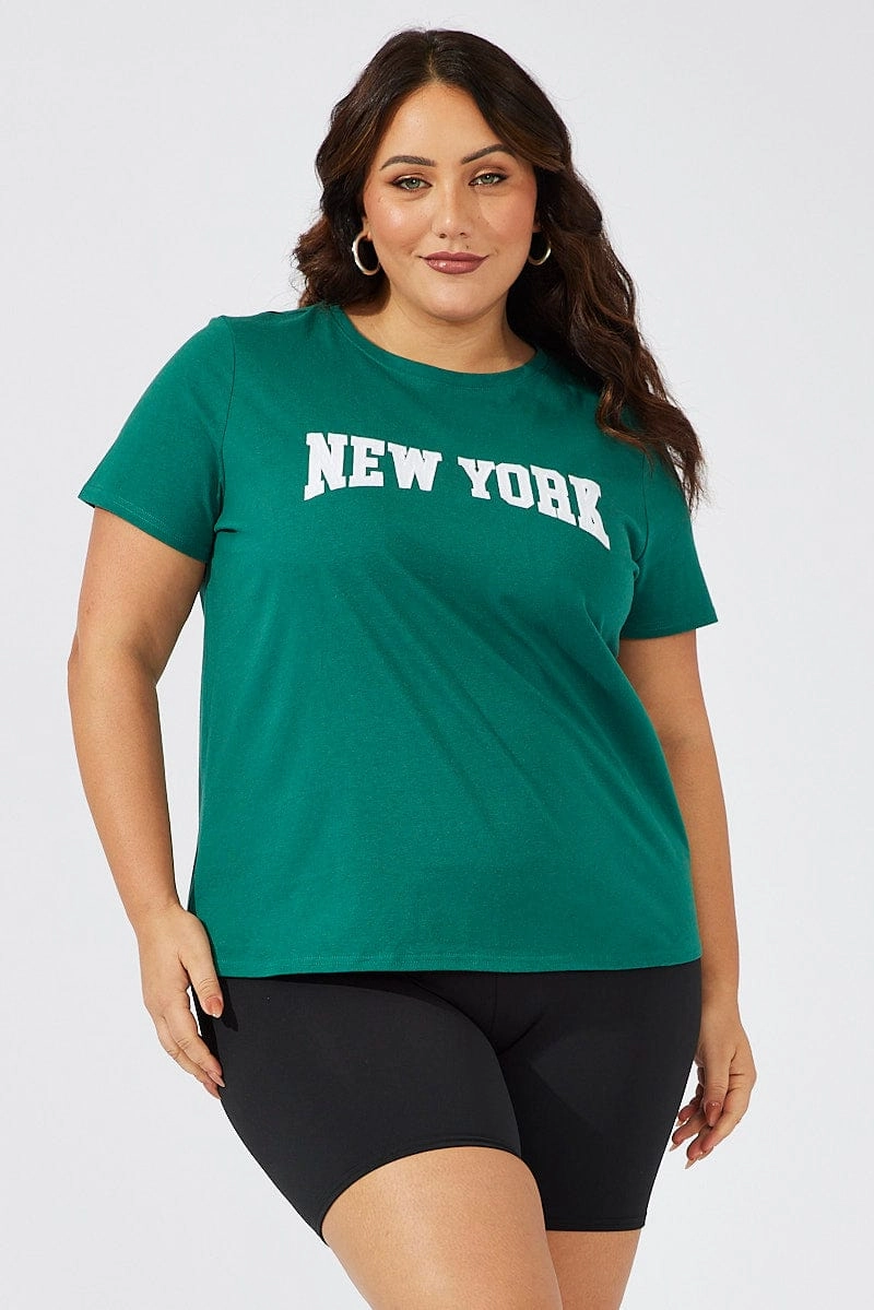 Drip Dry Fabric Sleek Stretch Green Graphic T-shirt Short Sleeve Crew Neck New York