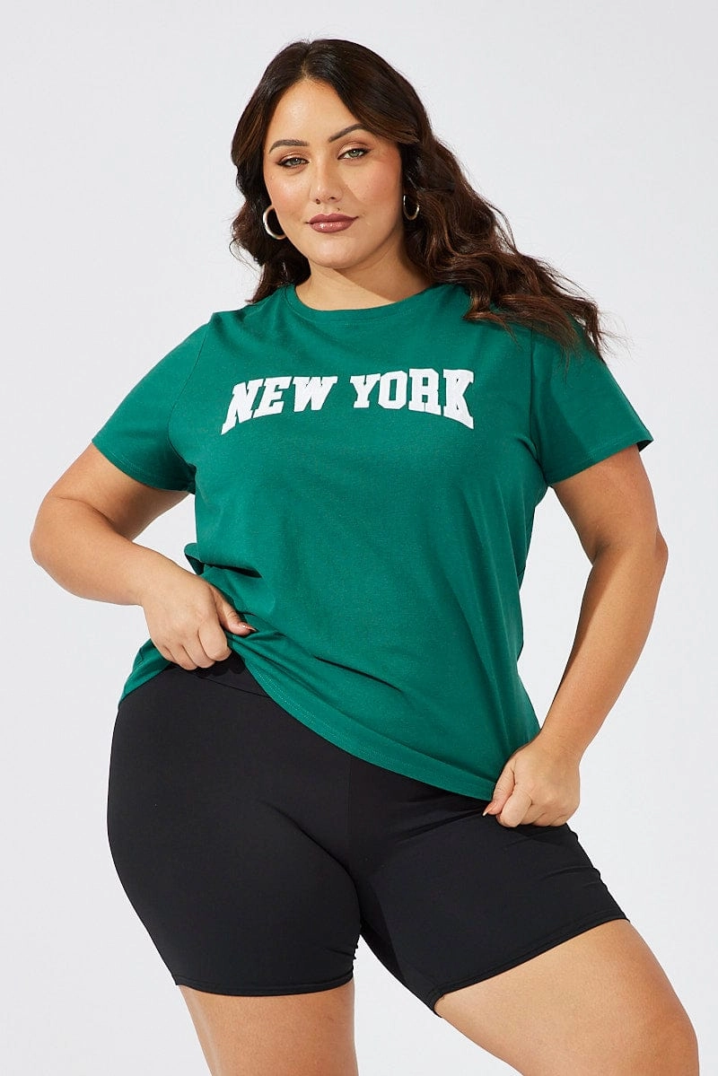 Skin Friendly Lining Green Graphic T-shirt Short Sleeve Crew Neck New York