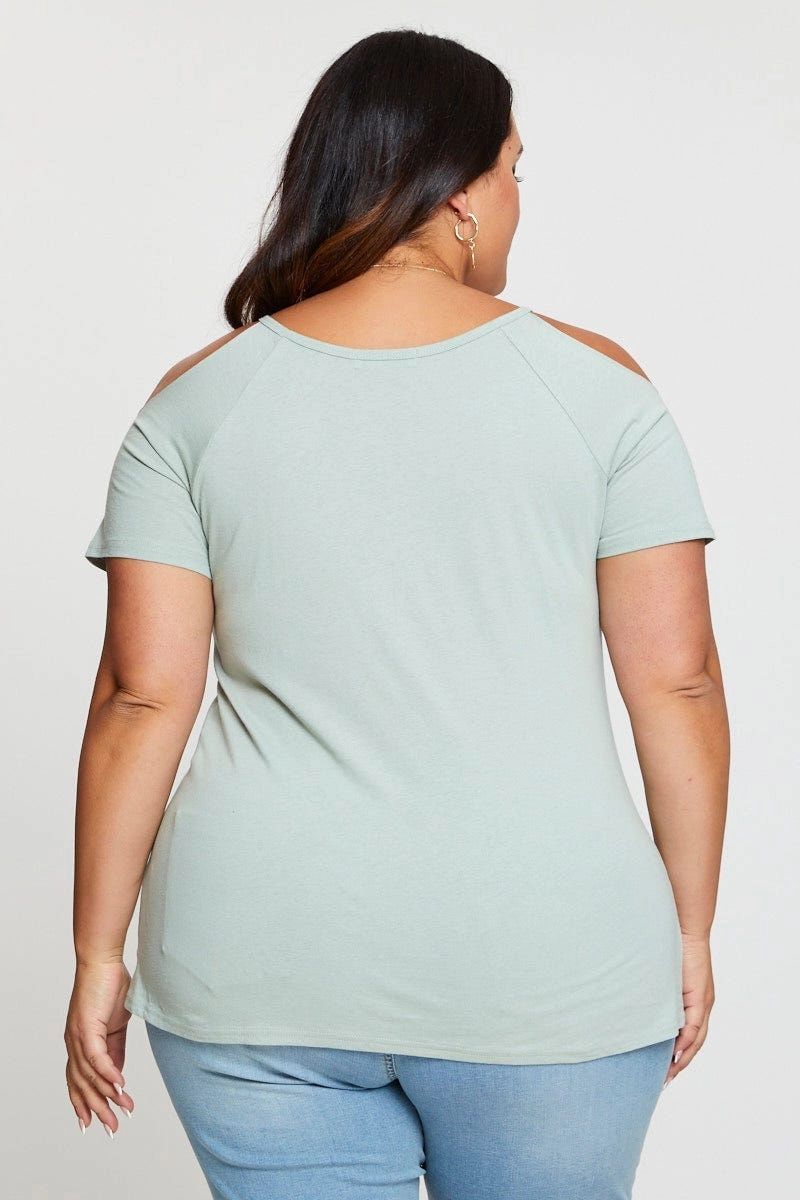Green Graphic T-shirt Sun Short Sleeve Cold Shoulder Thermal Regulation Layer Seasonal Staple