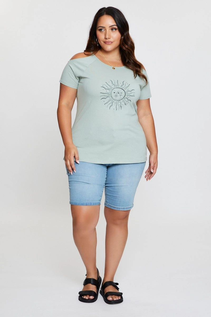 Green Graphic T-shirt Sun Short Sleeve Cold Shoulder Stylish and Easygoing