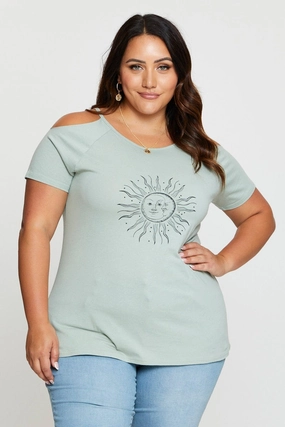 Active Layer Fit Green Graphic T-shirt Sun Short Sleeve Cold Shoulder