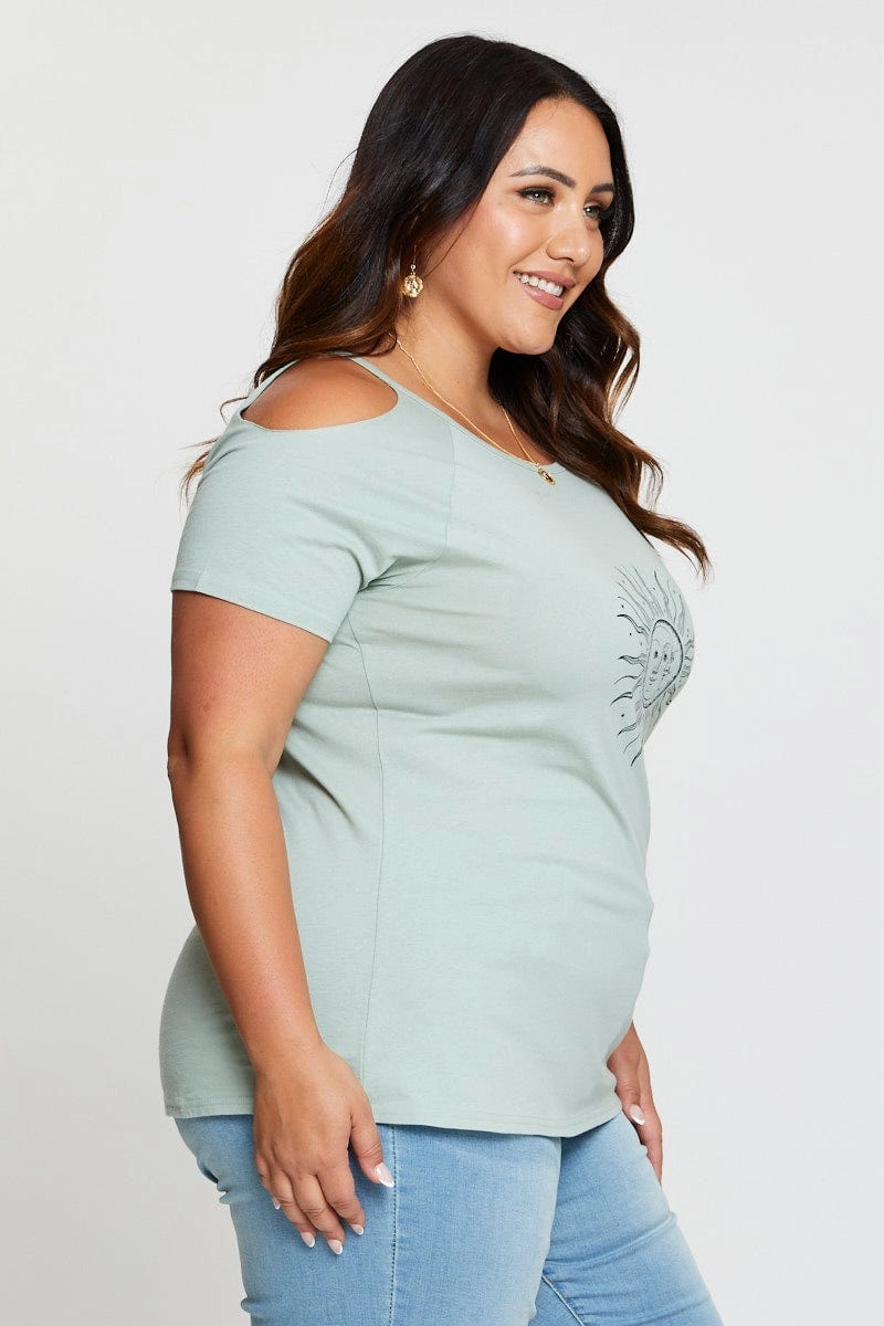 Green Graphic T-shirt Sun Short Sleeve Cold Shoulder Comfortable Weave