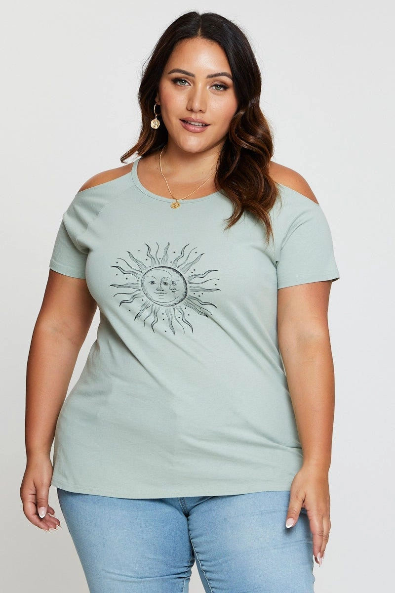 Green Graphic T-shirt Sun Short Sleeve Cold Shoulder ReinforcedNeckline Light Casual