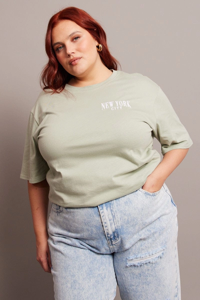 Green Graphic Tee Short Sleeve Relaxed Crew Neck Sporty and Cool Slim Style