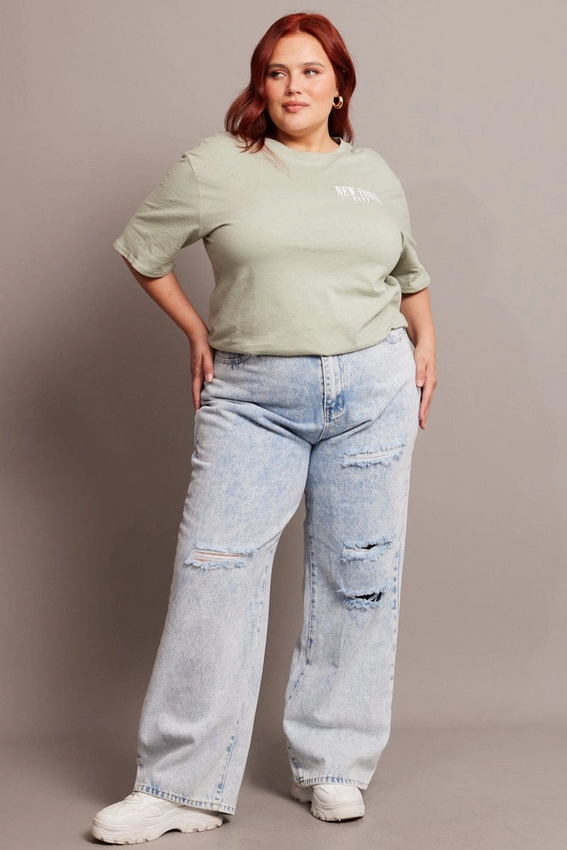 Minimal Style Trend Green Graphic Tee Short Sleeve Relaxed Crew Neck