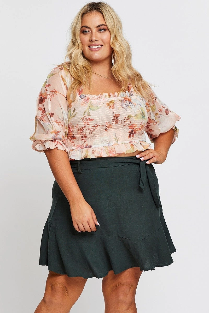 Sleek Styling Casual Feel Green High Waist Linen Blend Belted Skirt