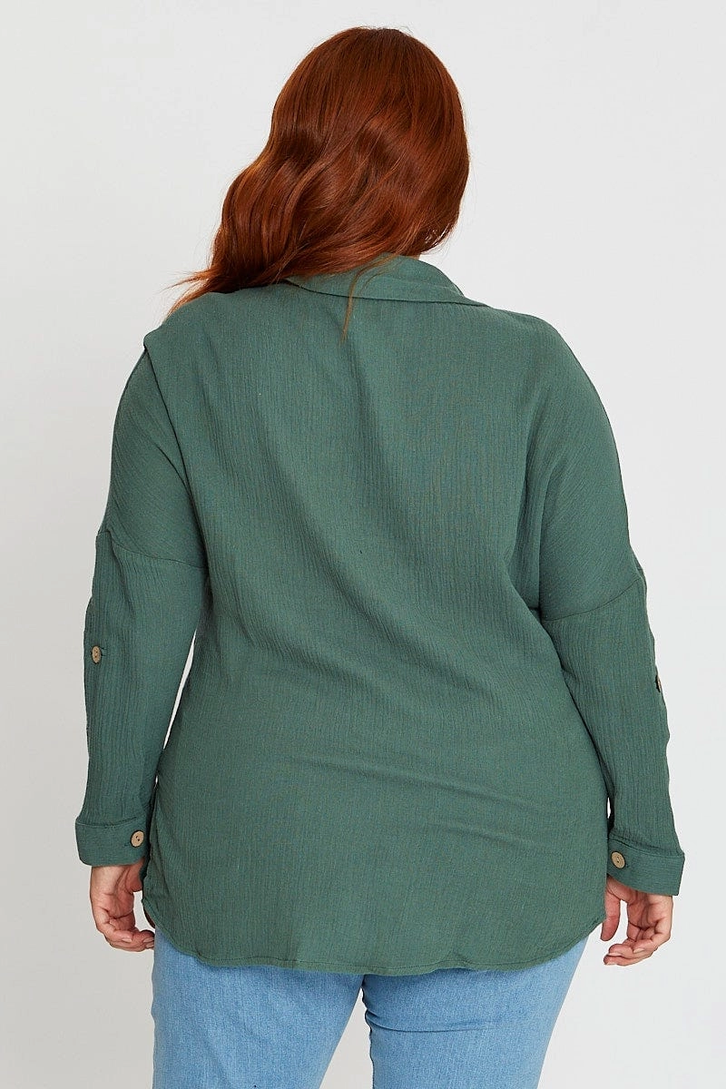 Non Irritating Seams Textured Finish Green Long Sleeve Hunter Green Cotton Crush Shirt