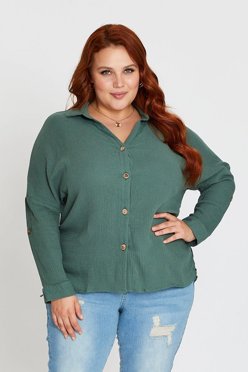 Flexible Material Green Long Sleeve Hunter Green Cotton Crush Shirt