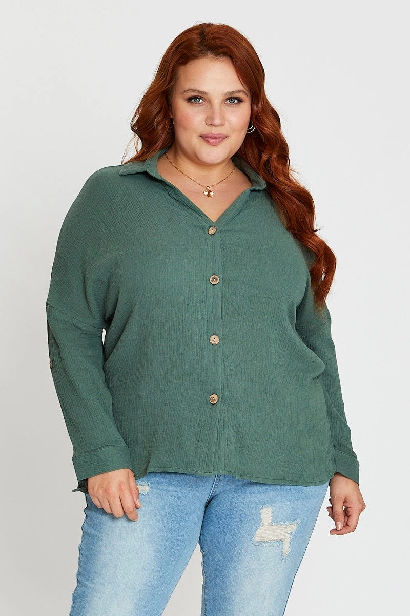 Chilly Weather Wear Green Long Sleeve Hunter Green Cotton Crush Shirt