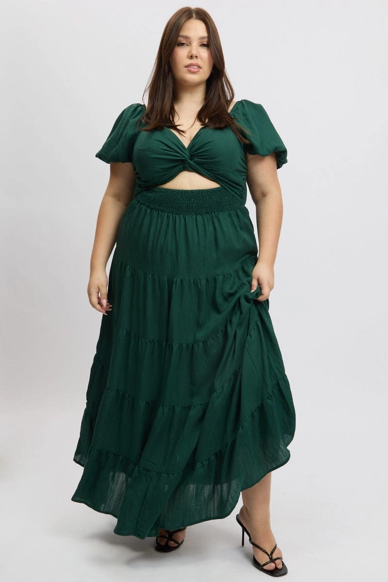 Green Maxi Dress Short Sleeve Twist Front Mood Friendly