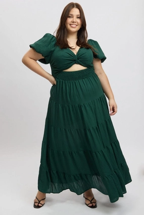 Fold-Over-Detail Calm Beauty Green Maxi Dress Short Sleeve Twist Front