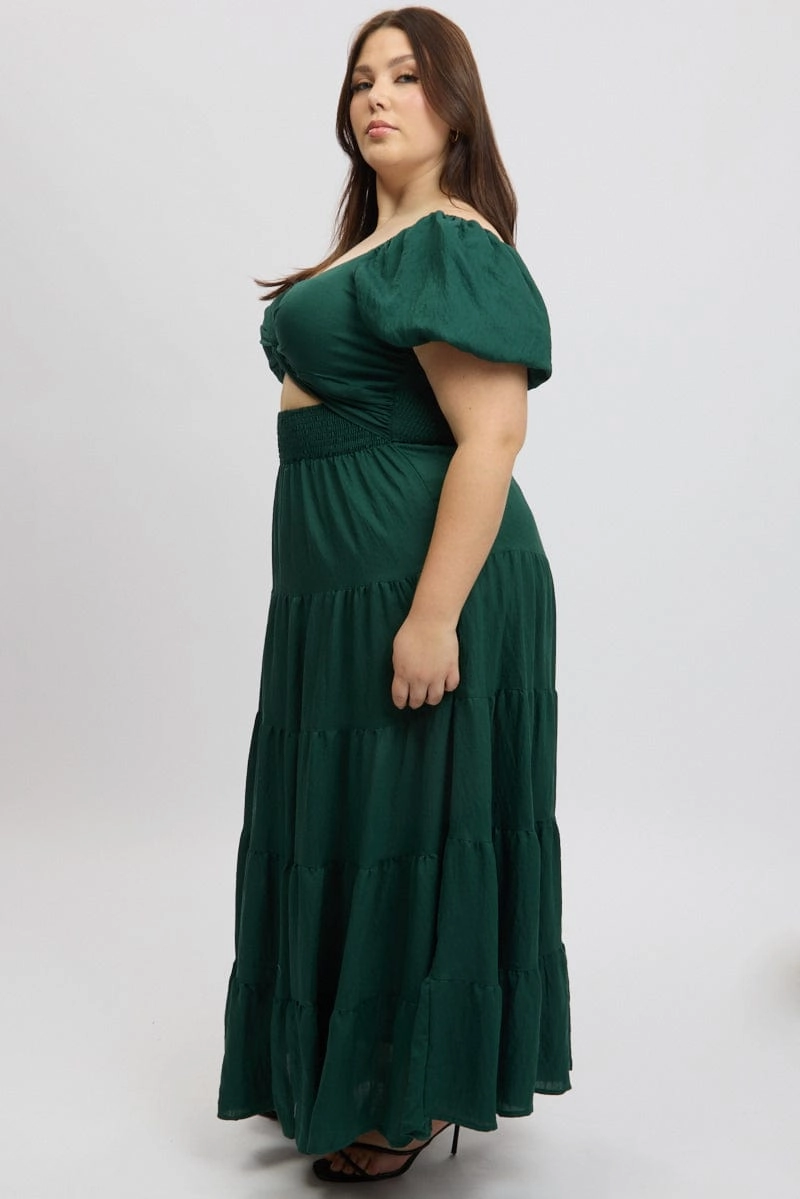 Green Maxi Dress Short Sleeve Twist Front Tailored Wear Basic essential