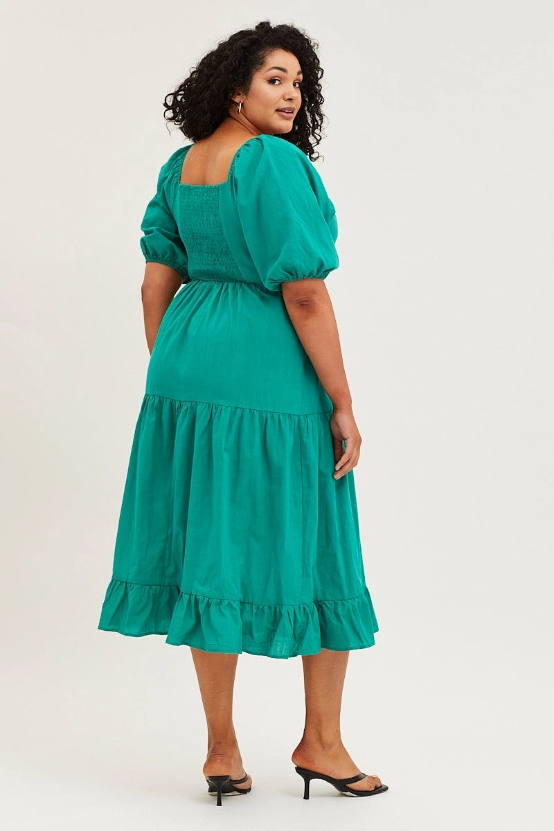 Green Maxi Dress Square Neck Short Sleeve Tie Abstract Pattern