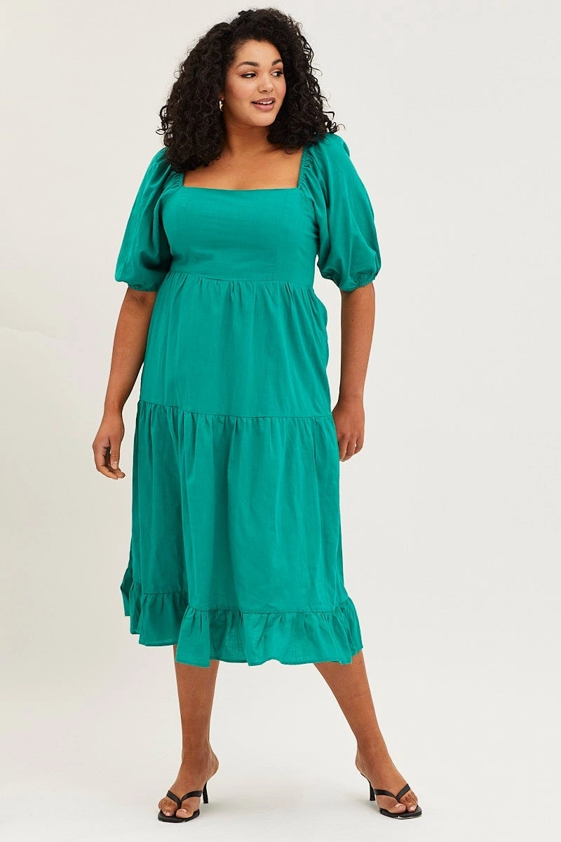 Autumn Look Green Maxi Dress Square Neck Short Sleeve Tie