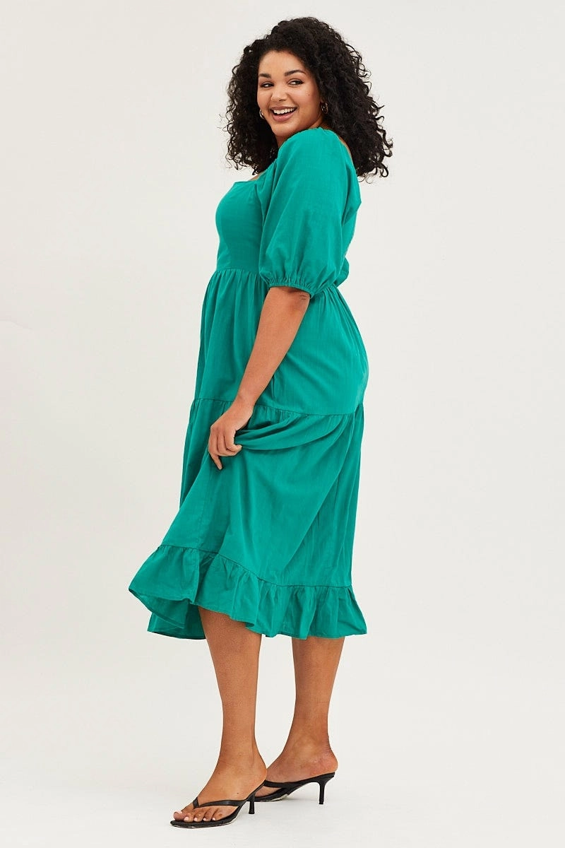 Light Drape Green Maxi Dress Square Neck Short Sleeve Tie