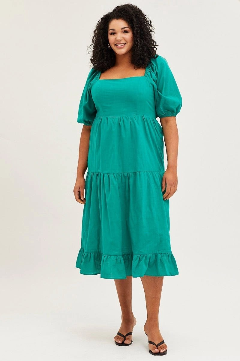Green Maxi Dress Square Neck Short Sleeve Tie Cozy Drape Soft Harmony
