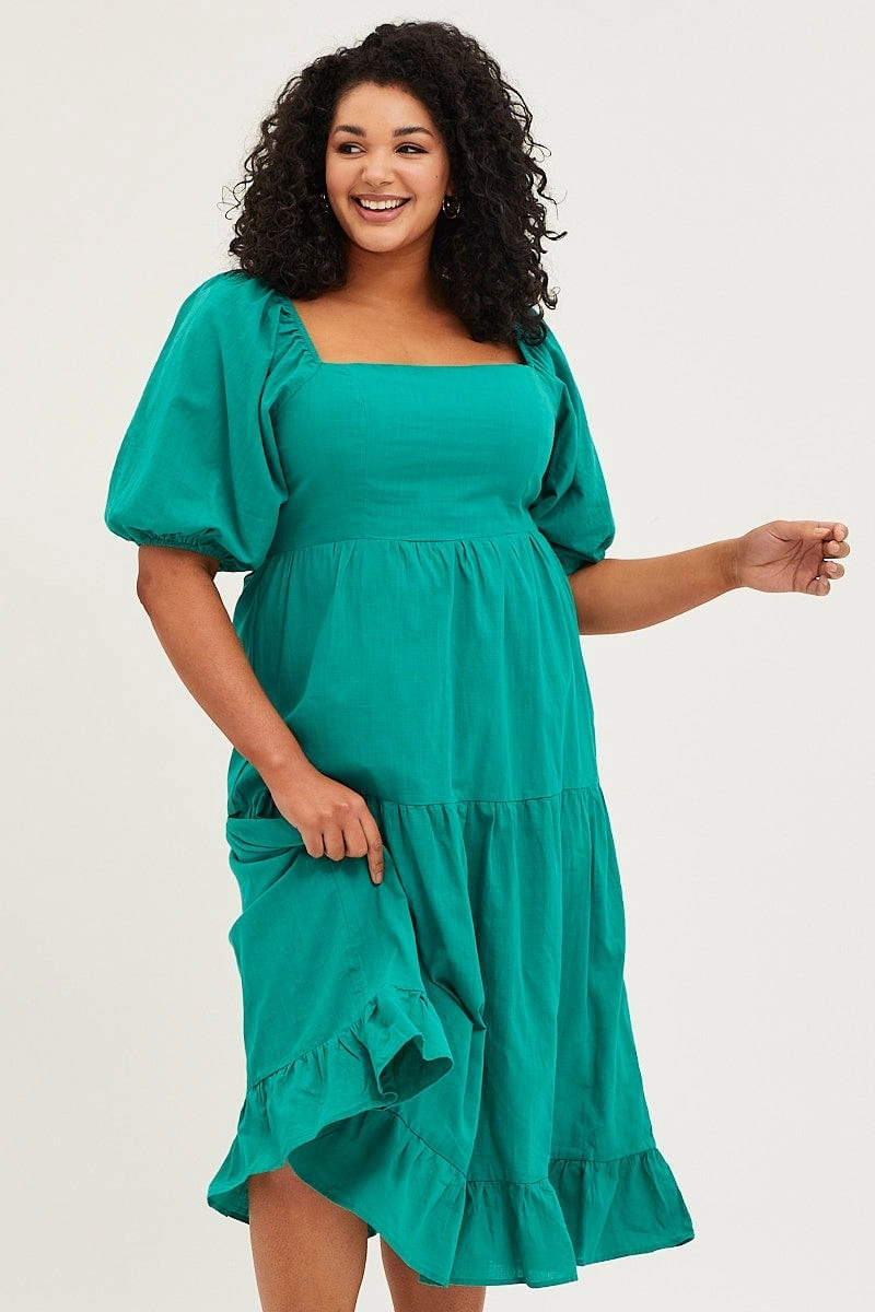 Elegant Piece Green Maxi Dress Square Neck Short Sleeve Tie