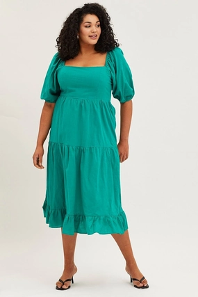 Autumn Look Green Maxi Dress Square Neck Short Sleeve Tie