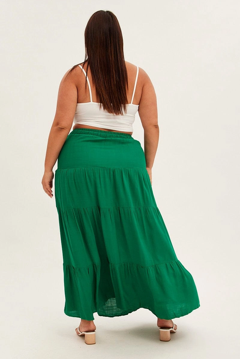 Green Maxi Skirt High Waist Tiered Sleek Flow