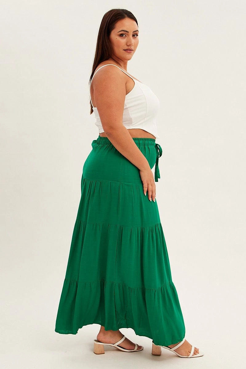 Green Maxi Skirt High Waist Tiered Daily Style Breathable