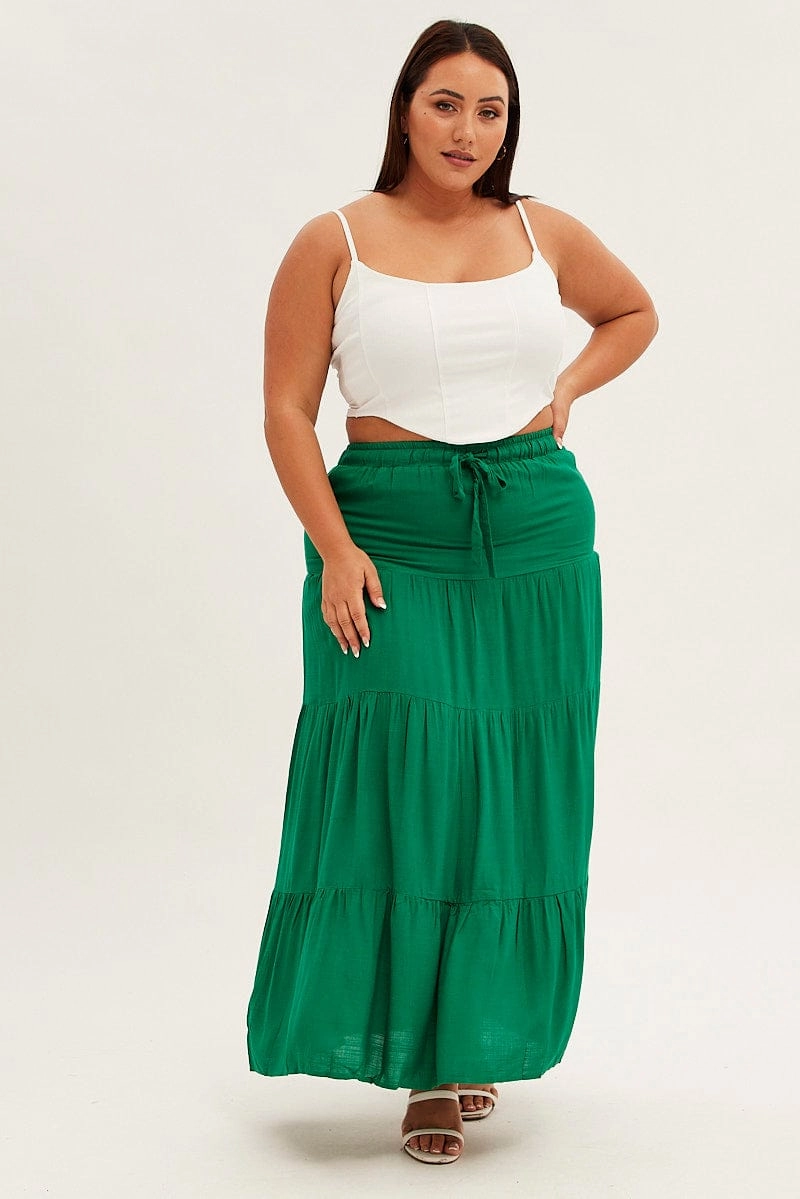 Green Maxi Skirt High Waist Tiered Foldable Packability