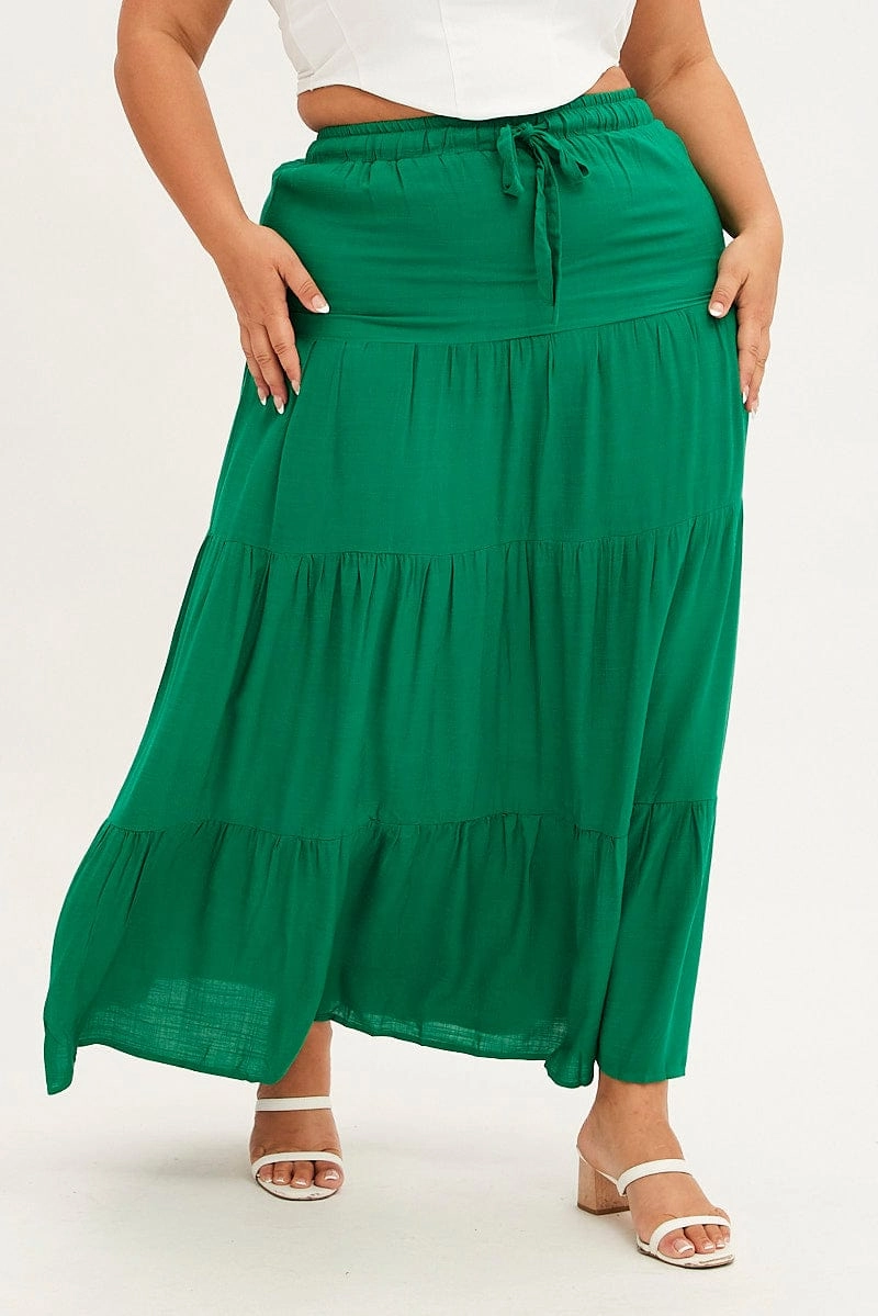 Green Maxi Skirt High Waist Tiered Laidback Style