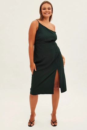 Casual Lines Green Midi Dress Asymmetrical Shoulder
