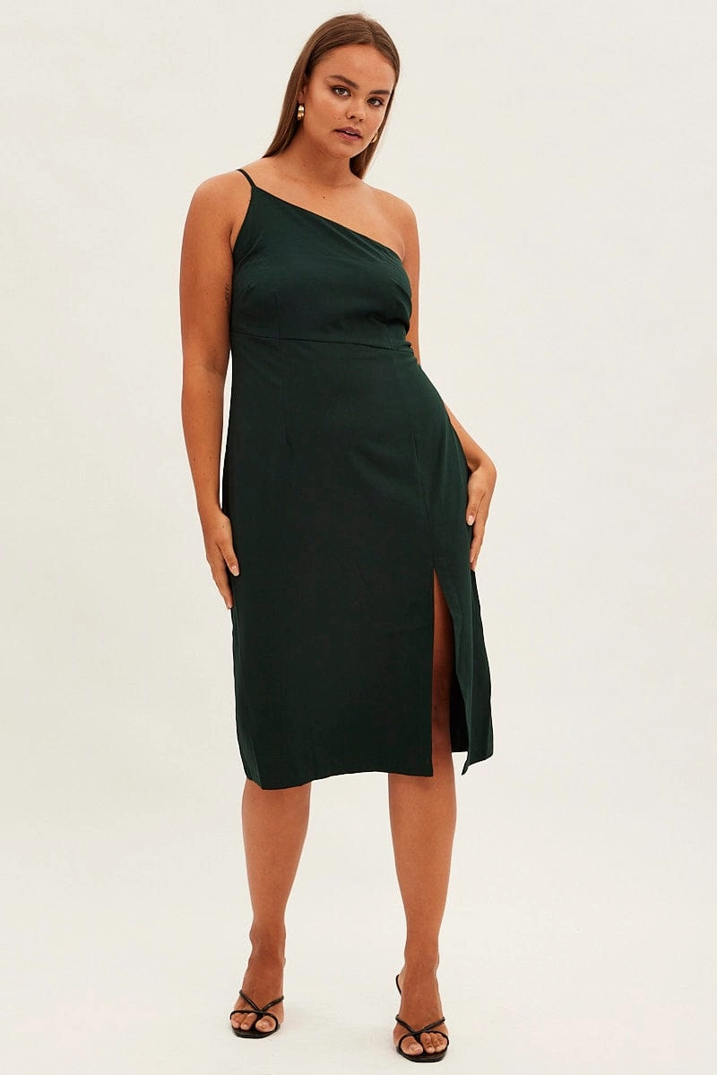 Floral design Green Midi Dress Asymmetrical Shoulder