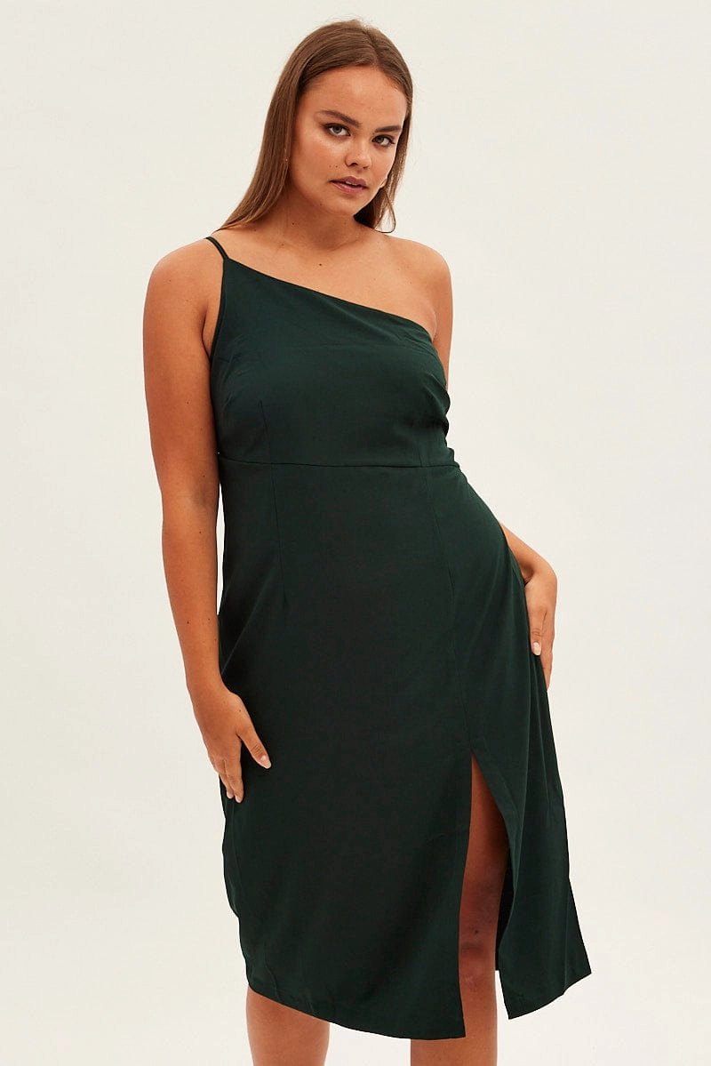 Vibrant color Green Midi Dress Asymmetrical Shoulder