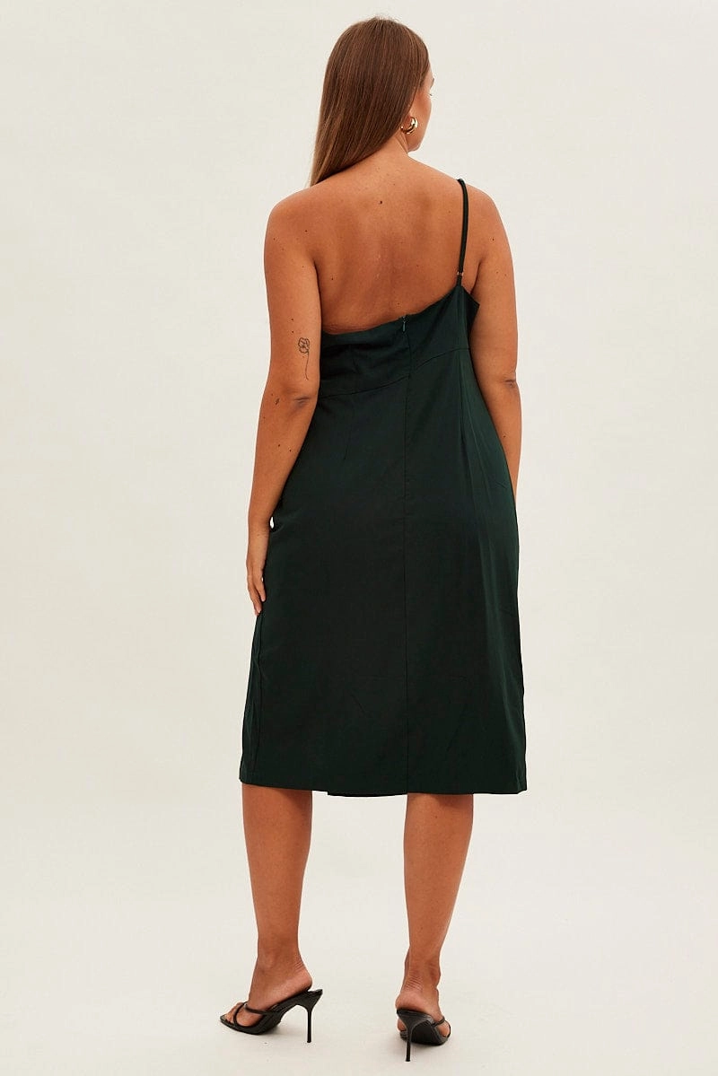 Calm Flow Bohemian-Style Green Midi Dress Asymmetrical Shoulder