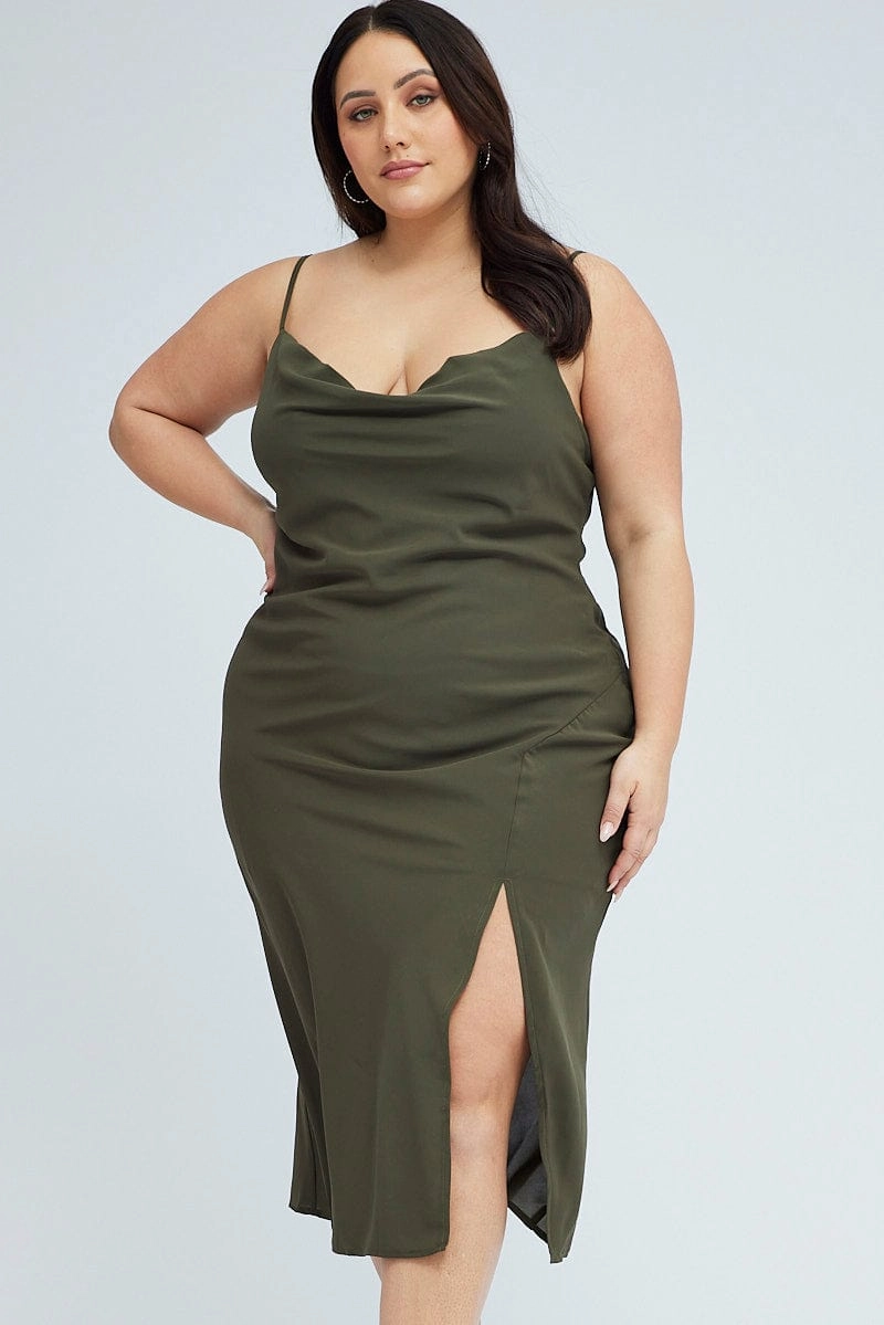 Green Midi Dress Cocktail Split Side Strappy Formal dinner wear Ready Glow