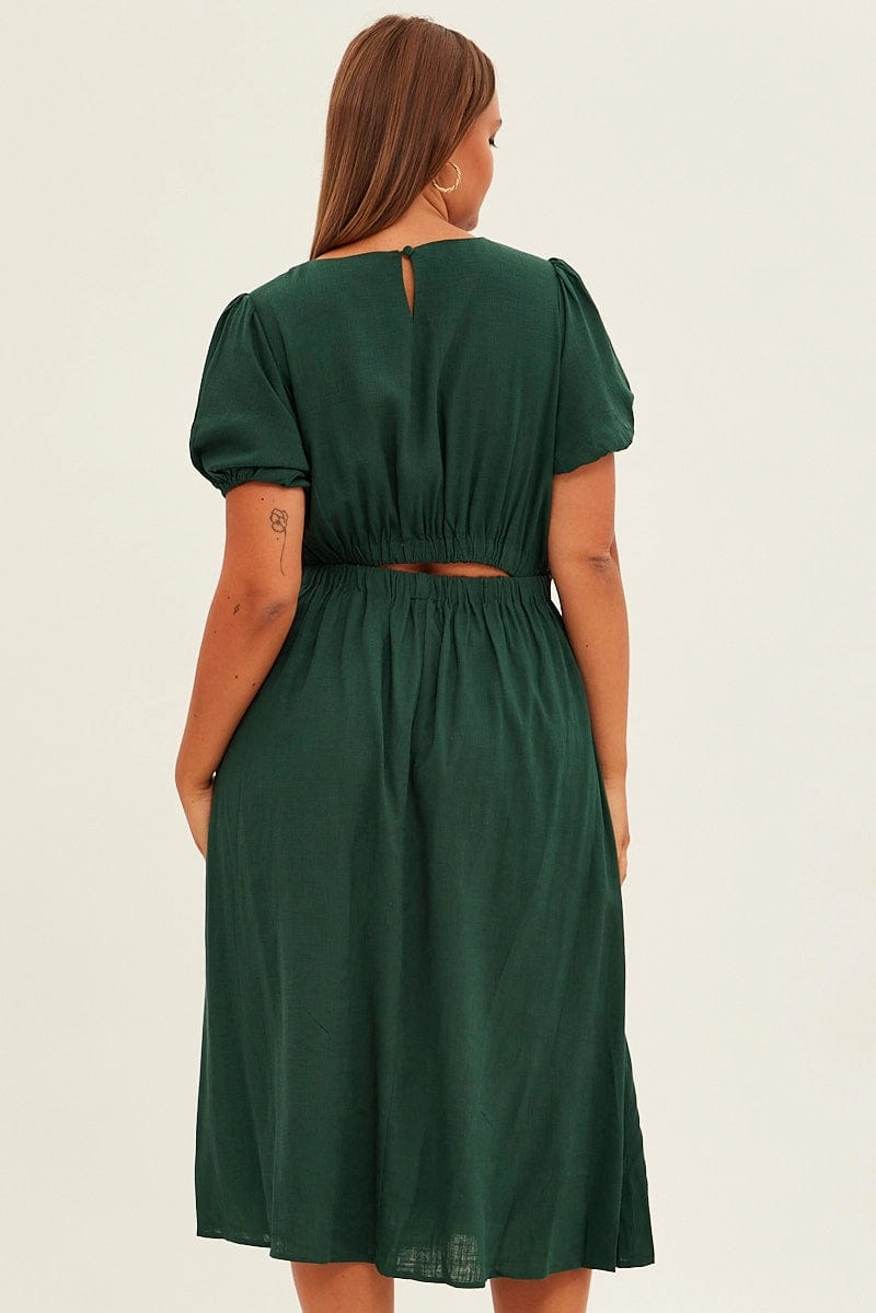 Green Midi Dress Cutout Back Puff Sleeve Linen Blend WideCollarDesign WaterRepellentCoating