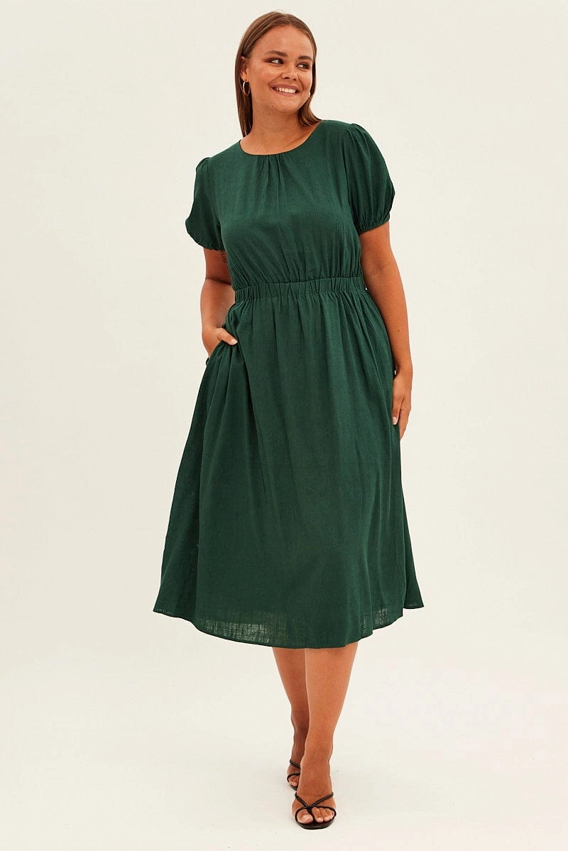 Minimal Details Easy Pairing Green Midi Dress Cutout Back Puff Sleeve Linen Blend
