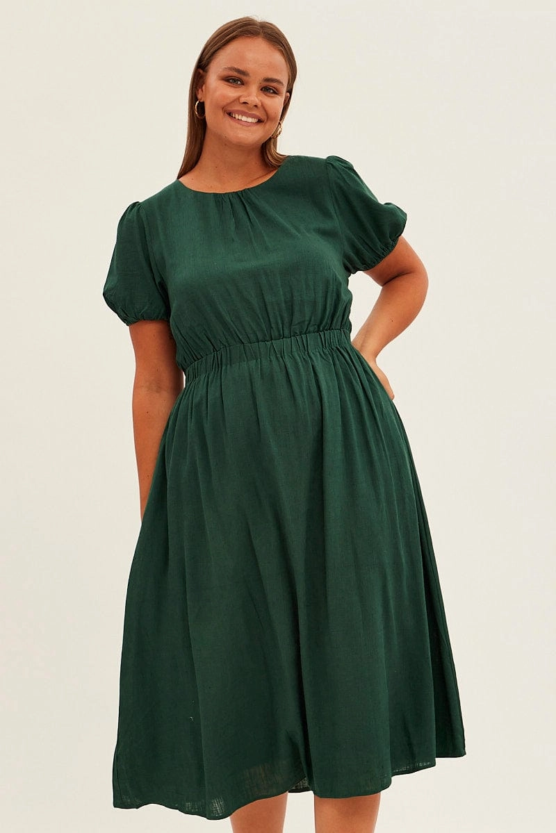 Airy Weave Light Weave Green Midi Dress Cutout Back Puff Sleeve Linen Blend