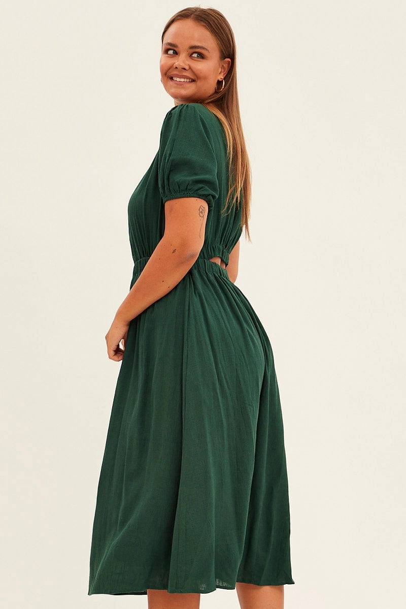 Green Midi Dress Cutout Back Puff Sleeve Linen Blend Breath Ease Soft Contour