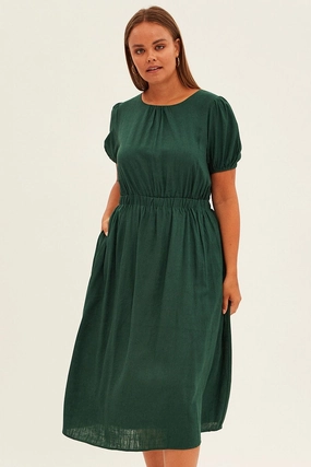 Clean Outline Fashion Forward Green Midi Dress Cutout Back Puff Sleeve Linen Blend