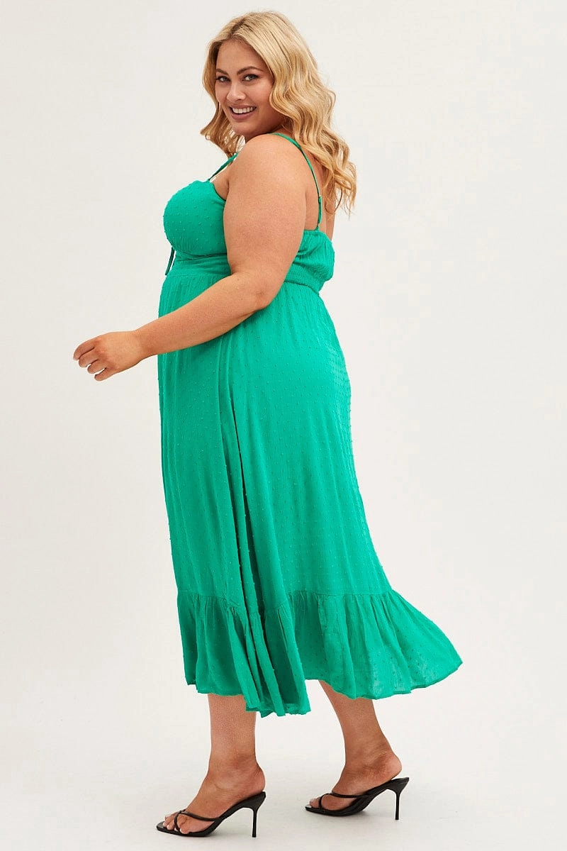 Green Midi Dress Shoestring Strap Gather Bust Frill Hem Sheer Light