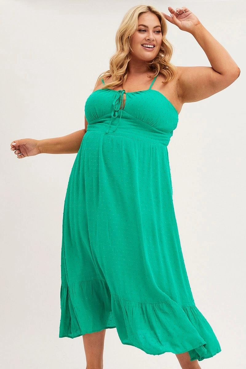 WrinkleResistantFinish Green Midi Dress Shoestring Strap Gather Bust Frill Hem