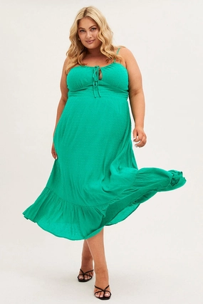 Lightweight Green Midi Dress Shoestring Strap Gather Bust Frill Hem