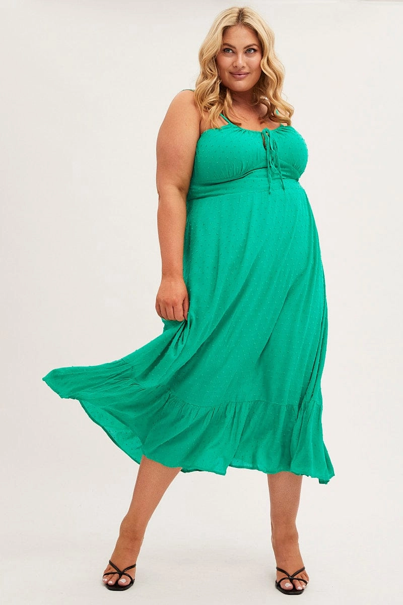 Green Midi Dress Shoestring Strap Gather Bust Frill Hem Layer Ready Fresh Combo