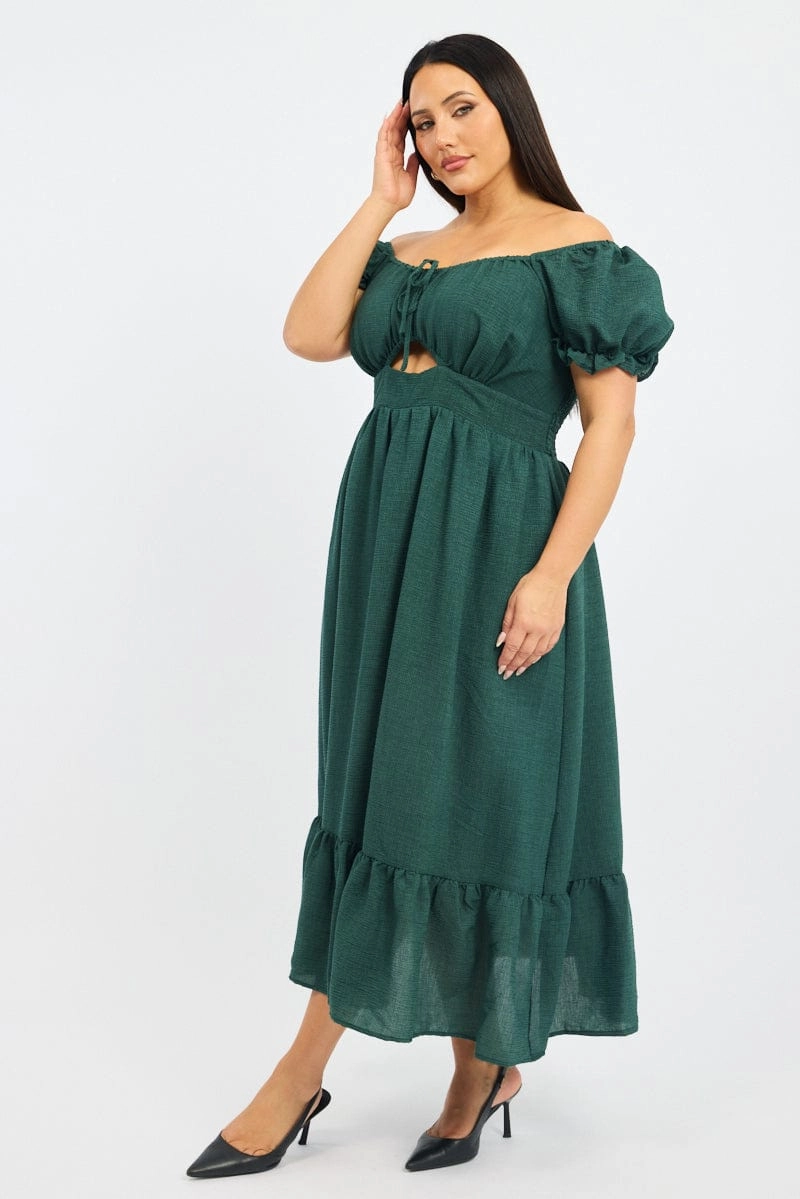 Green Midi Dress Short Sleeve Cut Out Tiered Skin Touch
