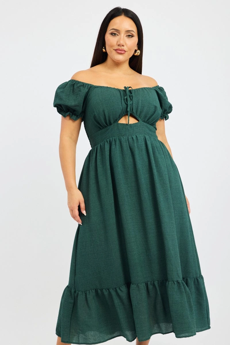Light Volume Green Midi Dress Short Sleeve Cut Out Tiered