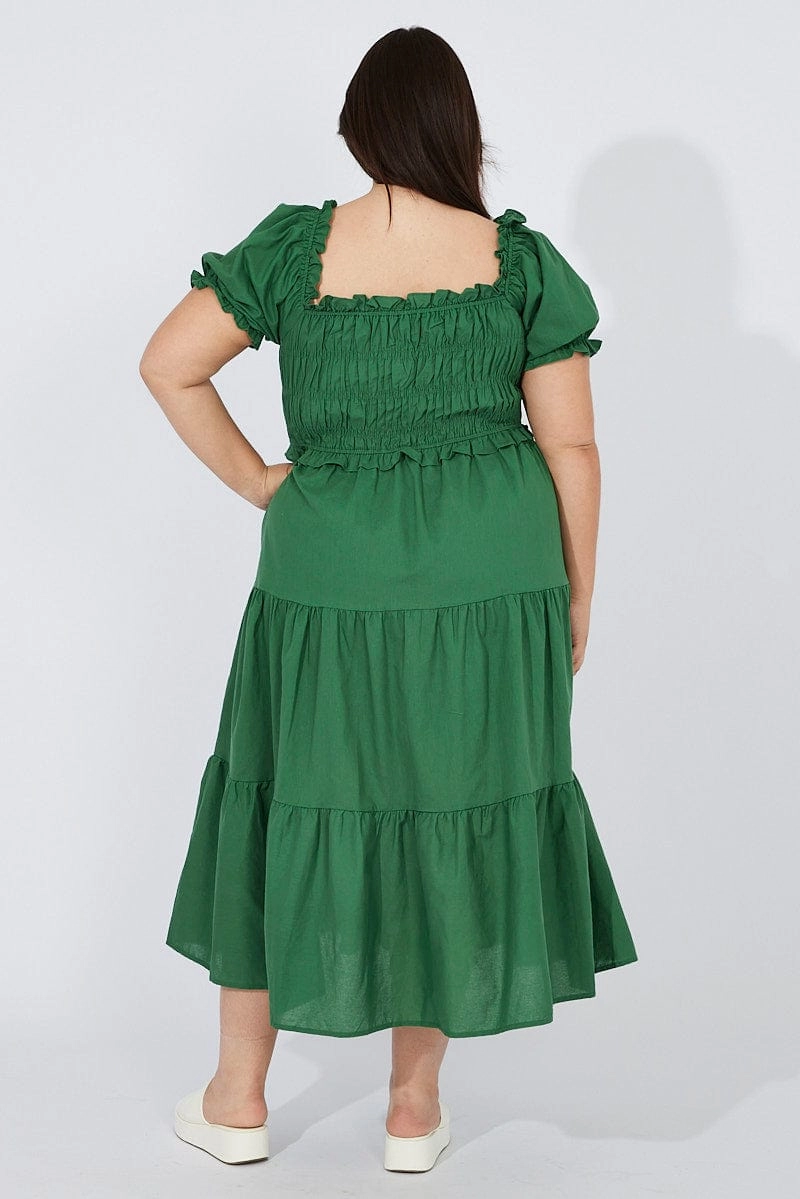 Green Midi Dress Short Sleeve Shirred Subtle Lines