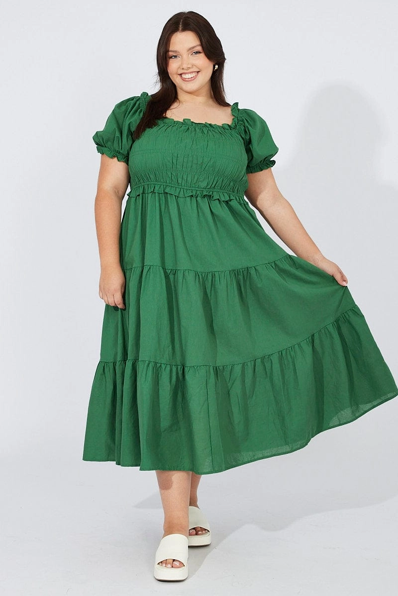 Bright-Hue Trendy Waist Green Midi Dress Short Sleeve Shirred