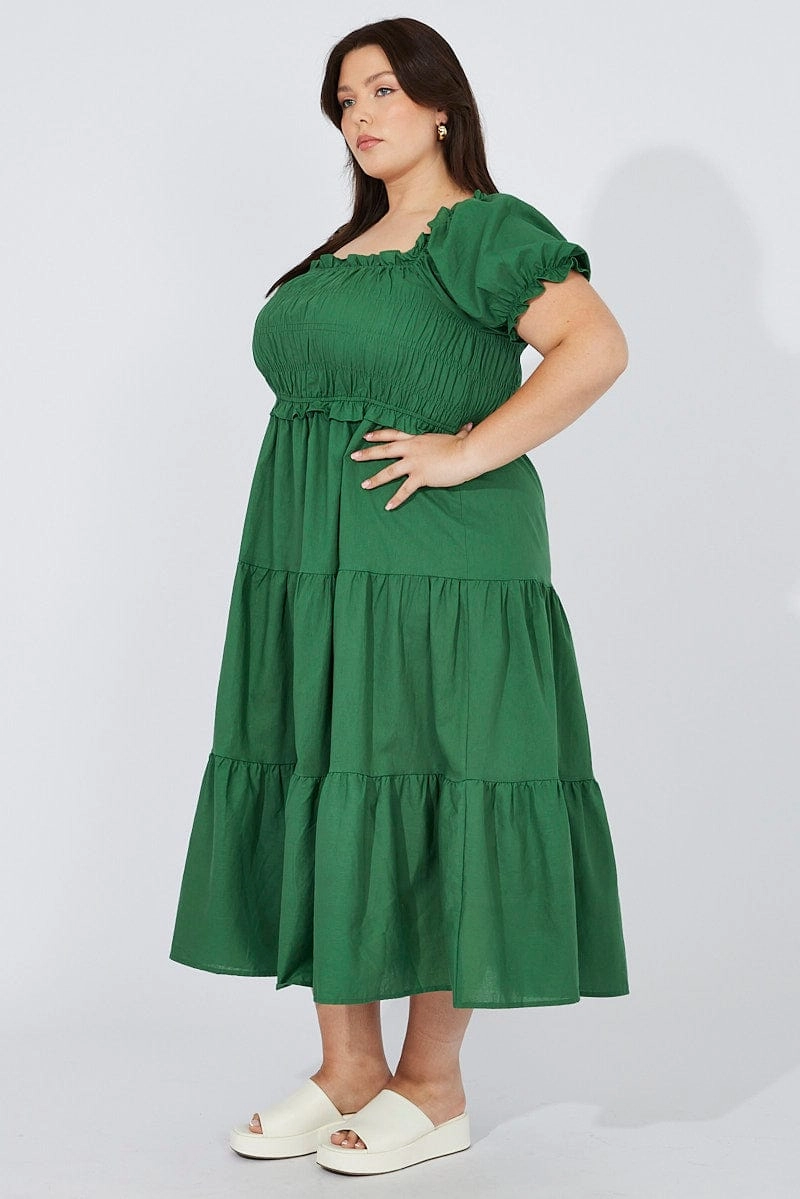 Green Midi Dress Short Sleeve Shirred Vibrant Hue Runway-Ready