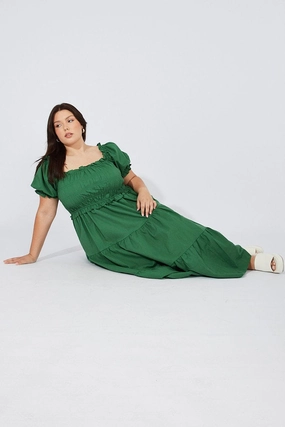 Green Midi Dress Short Sleeve Shirred Cozy Drape Feminine Details